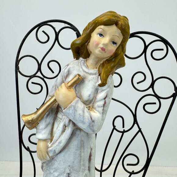 Vintage Rustic White Christmas Angel Figurine With Metal Wings Gold Trumpet 11" - Picture 2 of 10